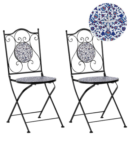 Set Of 2 Folding Garden Chairs Black Iron Frame BlueTiles