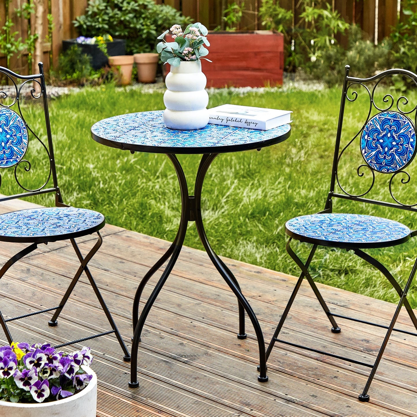 Vintage Bistro Table 60cm Black Metal Frame Blue Mosaic Top