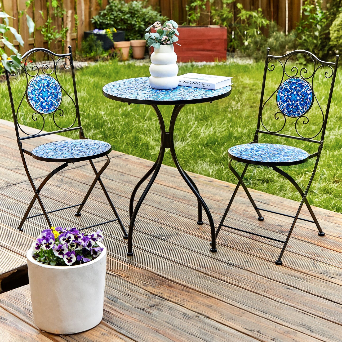 Noble Garden Folding Garden Chairs 2 Black Metal Blue Mosaic