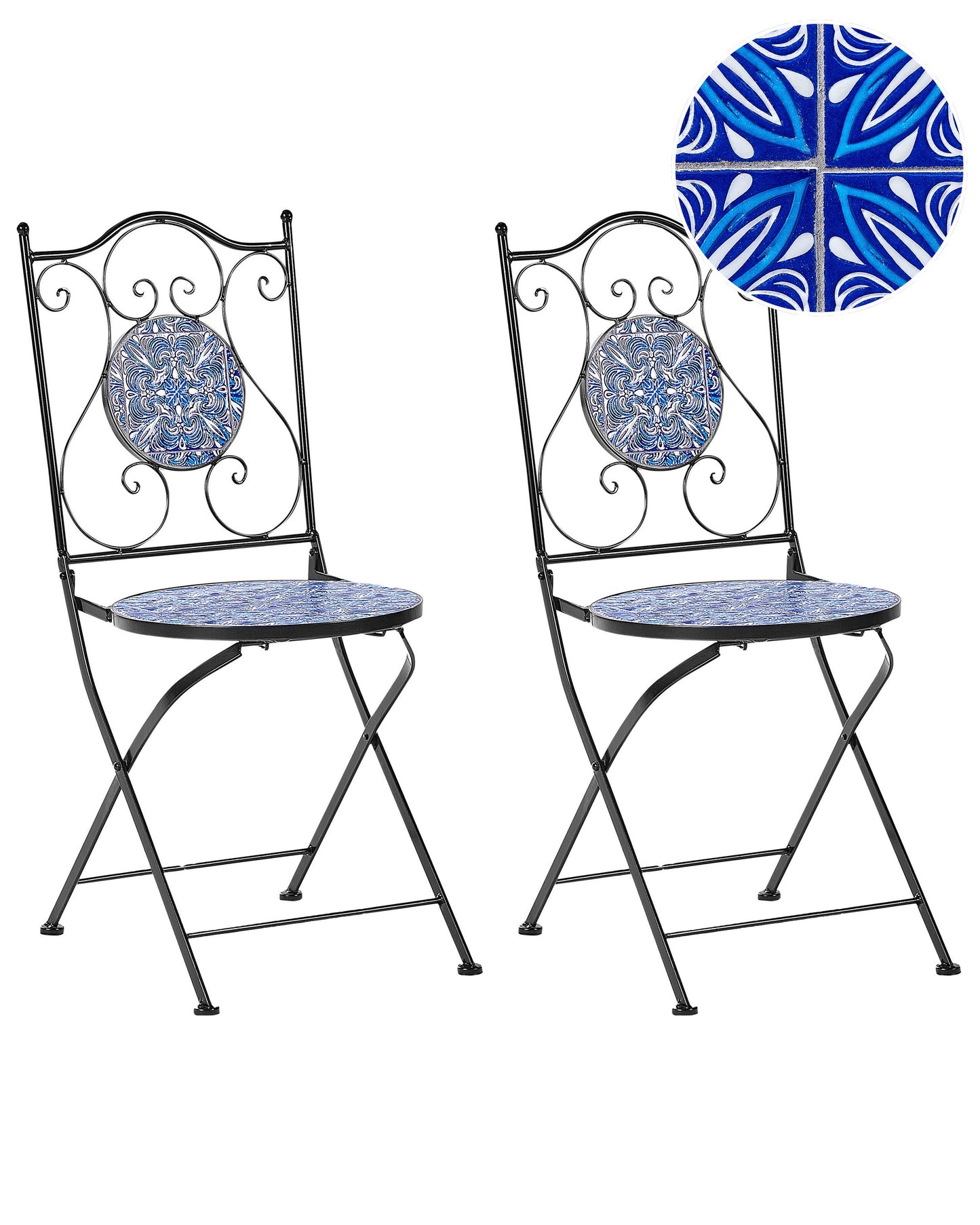 Noble Garden Folding Garden Chairs 2 Black Metal Blue Mosaic