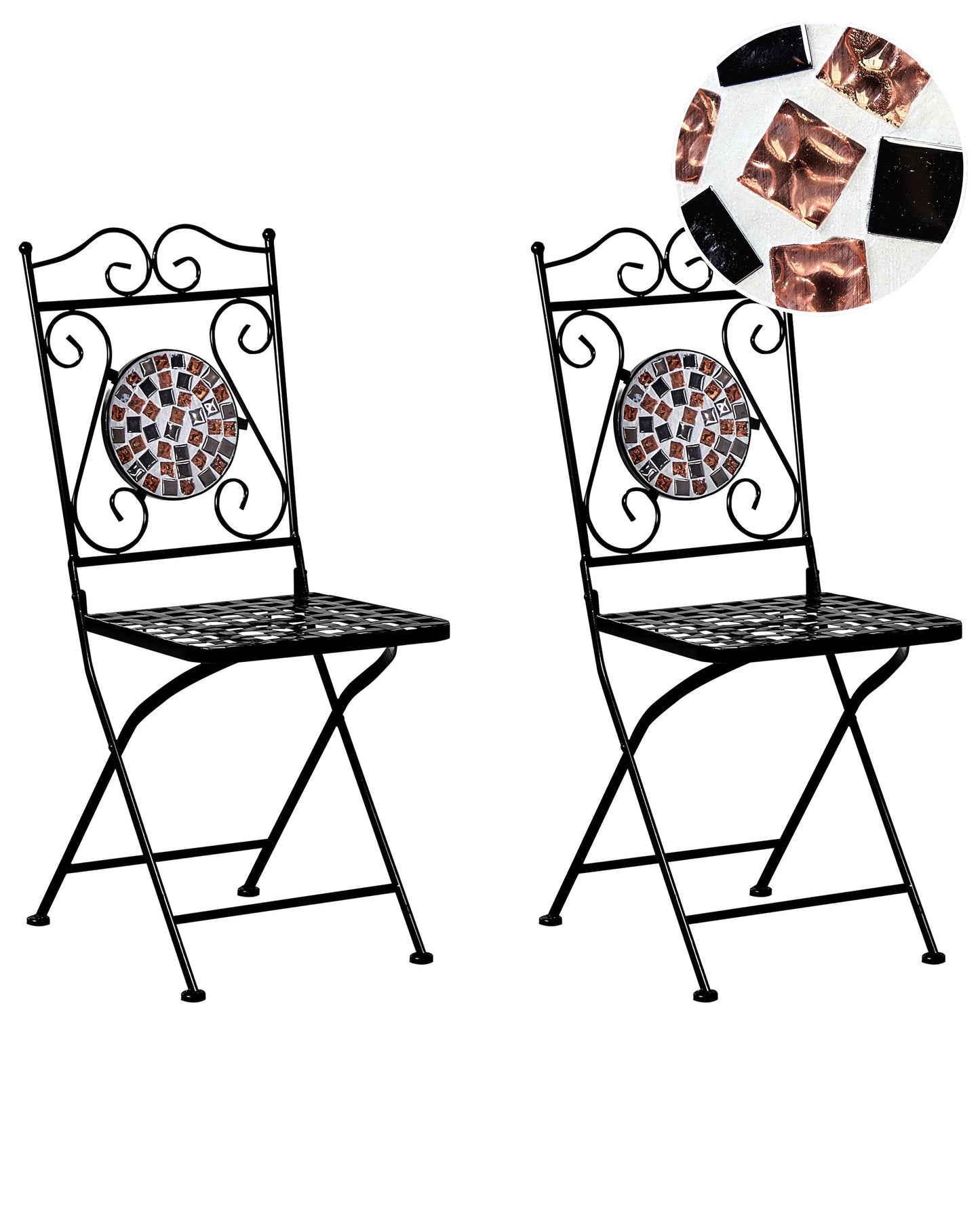 Heritage Garden Folding Chairs Set Of 2 Black Metal Mosaic Backrest Vintage Style