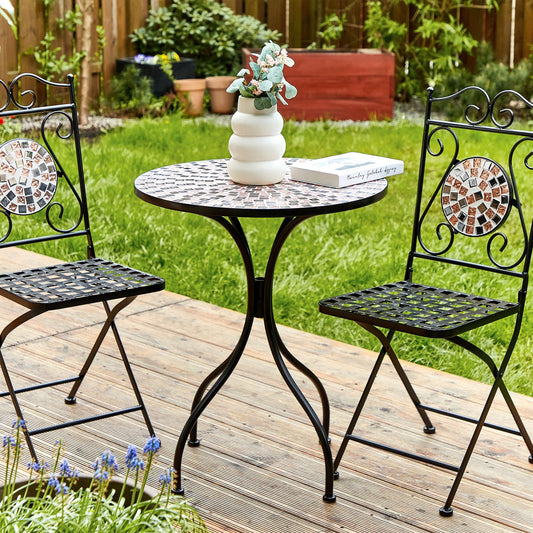Bistro Set Black Metal Table Foldable Chairs MosaicTiles