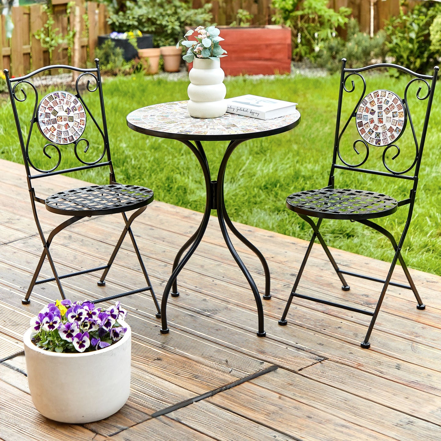 Black Metal Folding Garden Chairs Mosaic Backrest Set