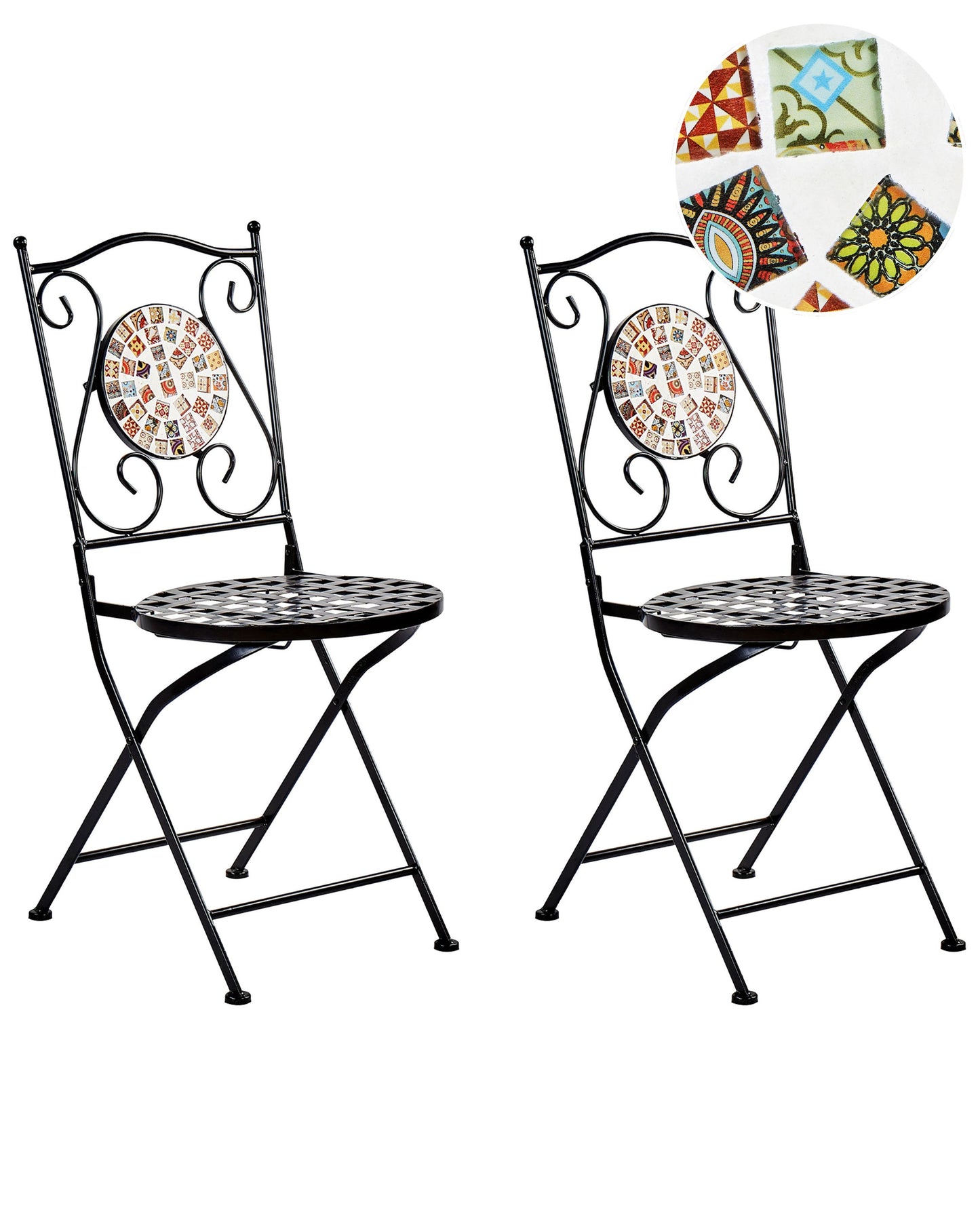 Black Metal Folding Garden Chairs Mosaic Backrest Set
