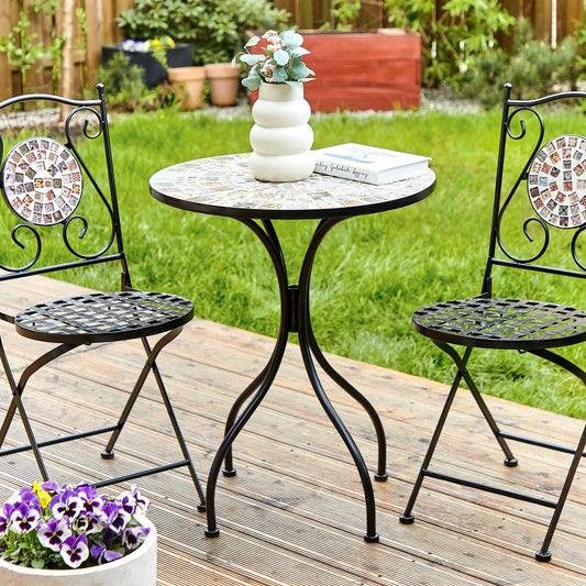 Gardenia Mosaic Bistro Set Metal Black Table And Folding Chairs