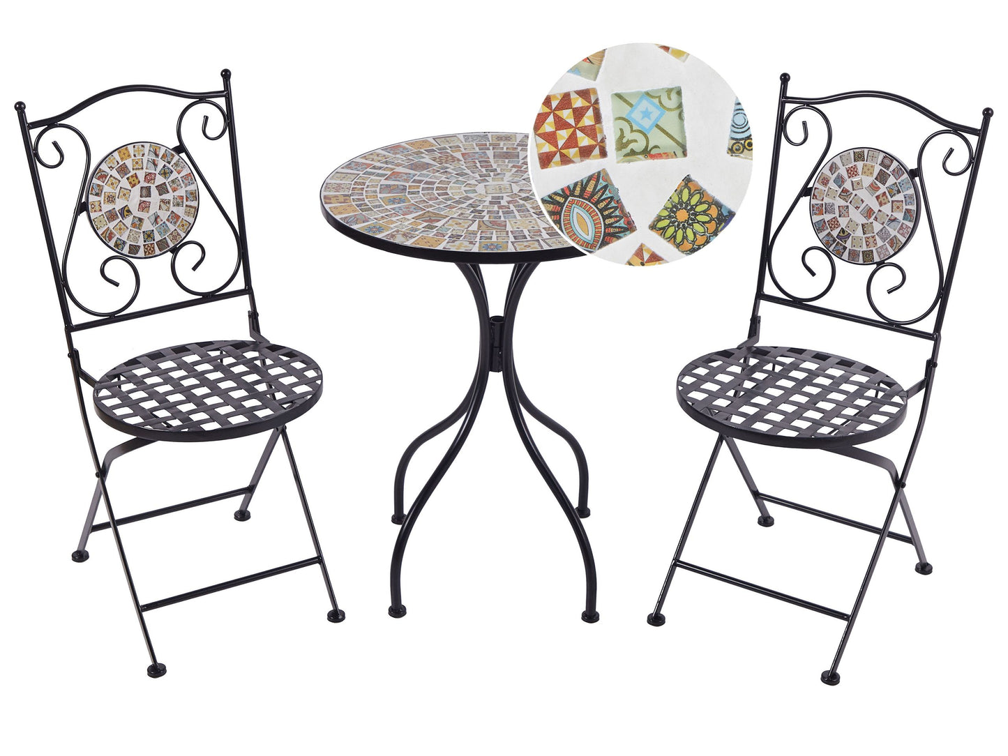 Gardenia Mosaic Bistro Set Metal Black Table And Folding Chairs