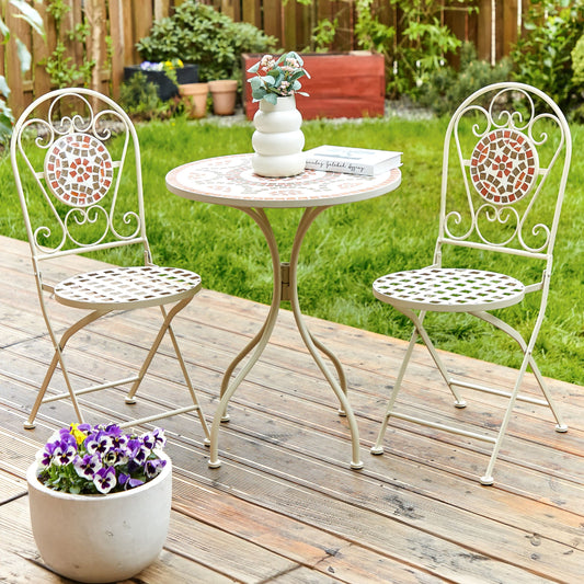 White Metal Folding Garden Chairs Mosaic Backrest Set of 2