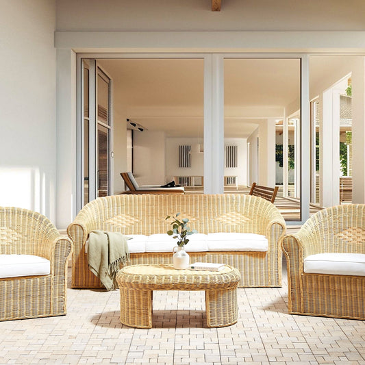 5 Seater Garden Sofa Set Natural Rattan White Cushions