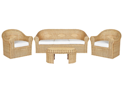 5 Seater Garden Sofa Set Natural Rattan White Cushions