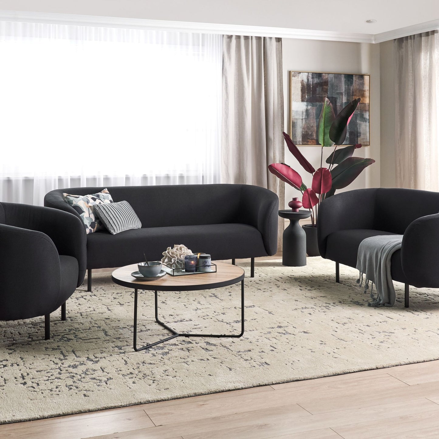 Living Room Set Black Fabric Nubby Legs 3 Seater Sofa