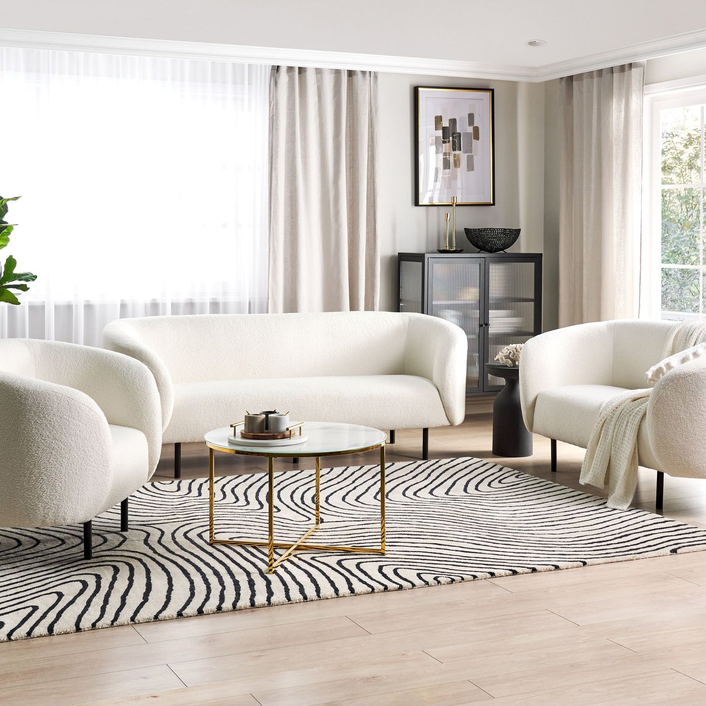 White Boucle 3 Seater Sofa Set Black Legs