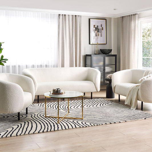 White Boucle 3 Seater Sofa Set Black Legs