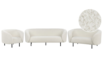 White Boucle 3 Seater Sofa Set Black Legs