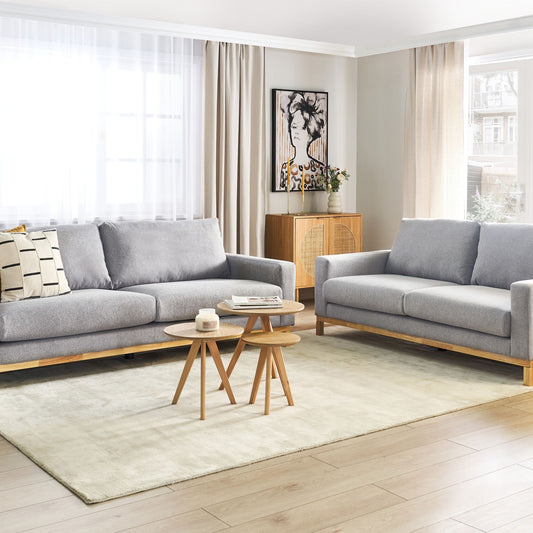 Grey Fabric 2 and 3 Seater Sofa Set with Light Wood Legs