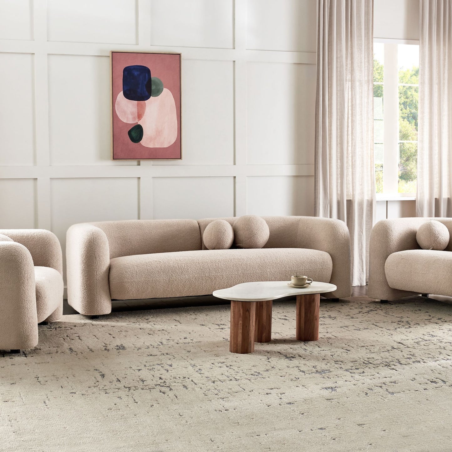 5 Seater Boucle Sofa Set Beige Armchair And Extra Cushions