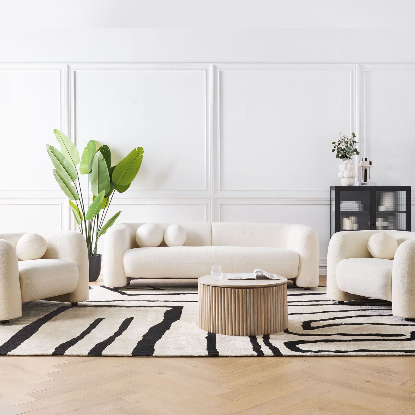 5 Seater White Boucle Sofa Armchair Set With Cushions