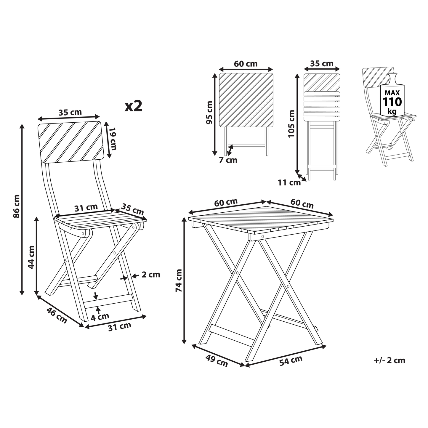 Eucalyptus 3 Piece Folding Bistro Set With Two Chairs