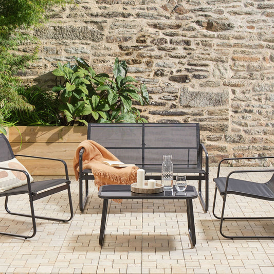 Garden Sofa Set Black Steel 4 Seater With Table Industrial Outdoor Furniture