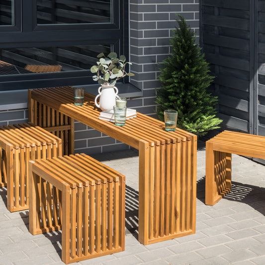 Garden Dining Set 4 Pieces Acacia Wood Rectangular Table And 3 Stools Indoor Outdoor Rustic Modern