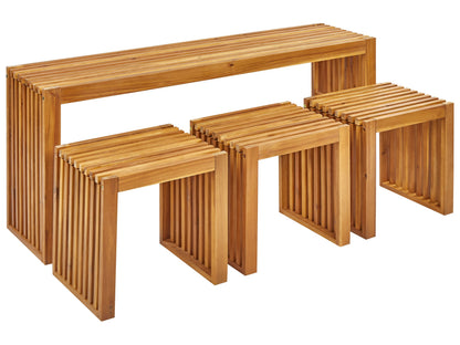 Garden Dining Set 4 Pieces Acacia Wood Rectangular Table And 3 Stools Indoor Outdoor Rustic Modern