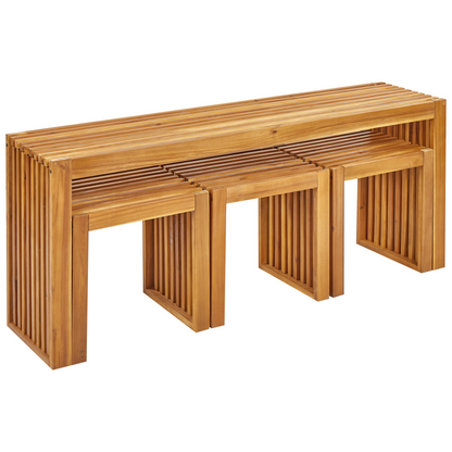 Garden Dining Set 4 Pieces Acacia Wood Rectangular Table And 3 Stools Indoor Outdoor Rustic Modern