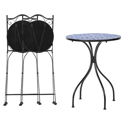 Heritage Garden Bistro Set Black Metal Table And 2 Chairs Blue Mosaic