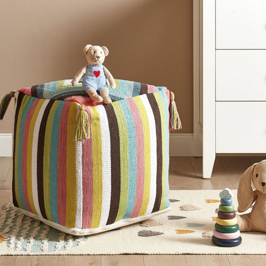 Pouffe 45 x 45cm Multicolour Cotton With Geometric Pattern And Tassels Handmade