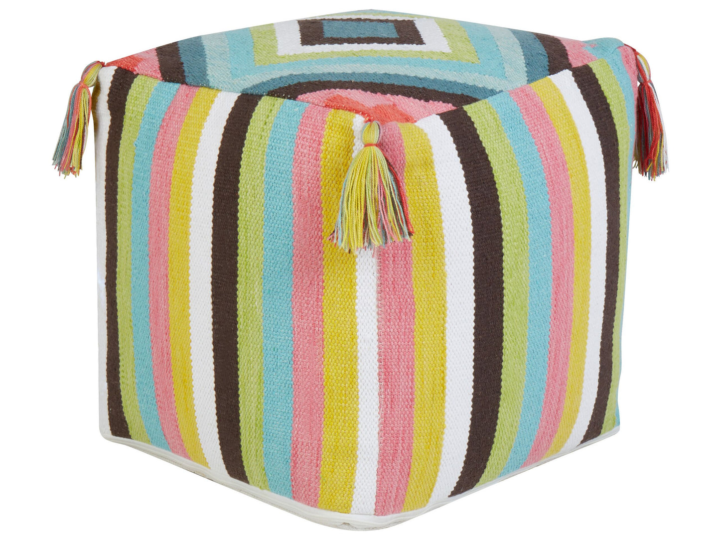 Pouffe 45 x 45cm Multicolour Cotton With Geometric Pattern And Tassels Handmade