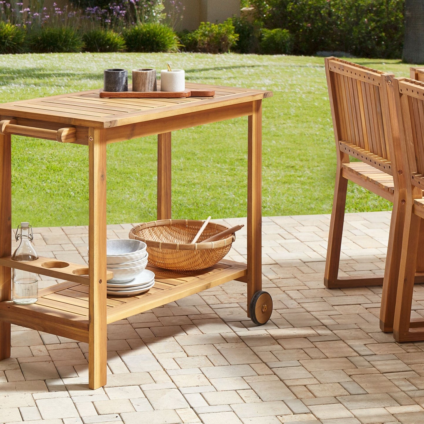 Garden Serving Cart 47 x 90cm Acacia 2-Tier Wheeled Trolley