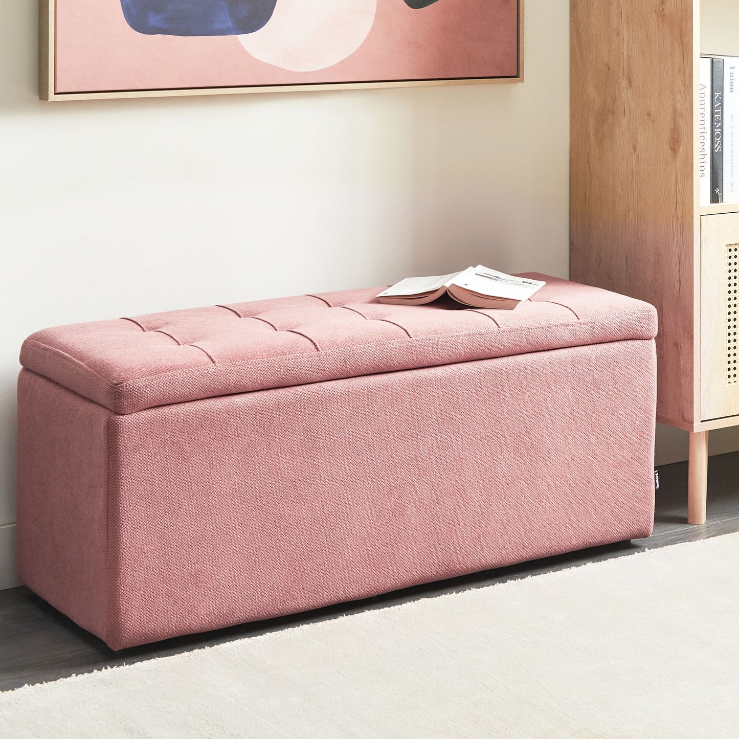 Pink Ottoman 100 X 42 X 40cm Polyester Upholstered Footstool With Storage