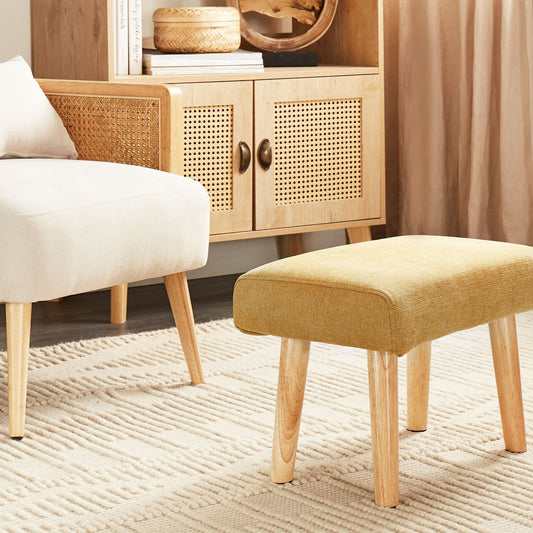 Home Retro Footstool Yellow Polyester With Wooden Legs