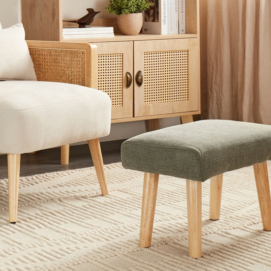 Retro Footstool Green Polyester With Wooden Legs