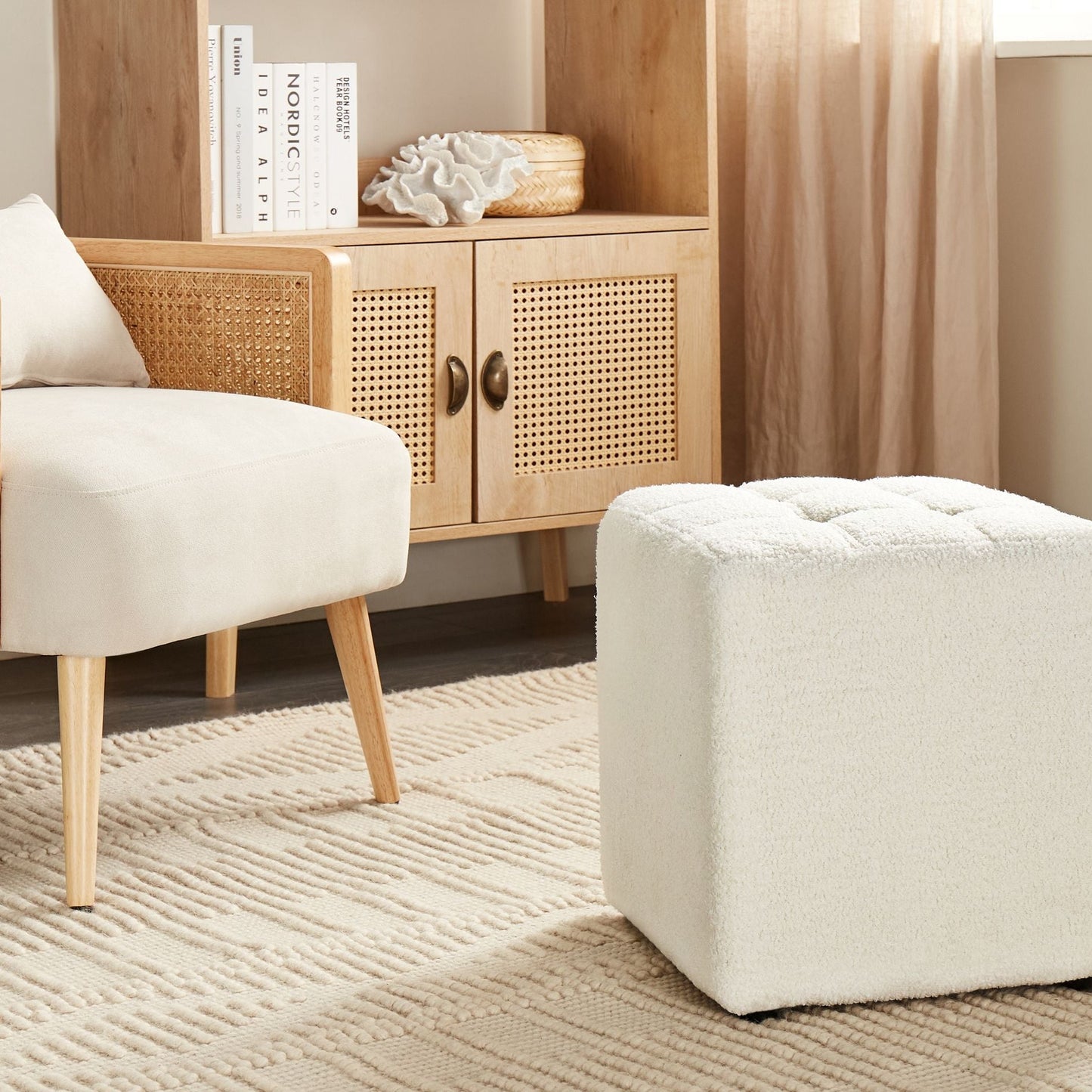 Footstool White Boucle 38cm Square Chevron Upholstery