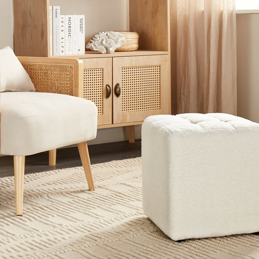 Footstool White Boucle 38cm Square Chevron Upholstery