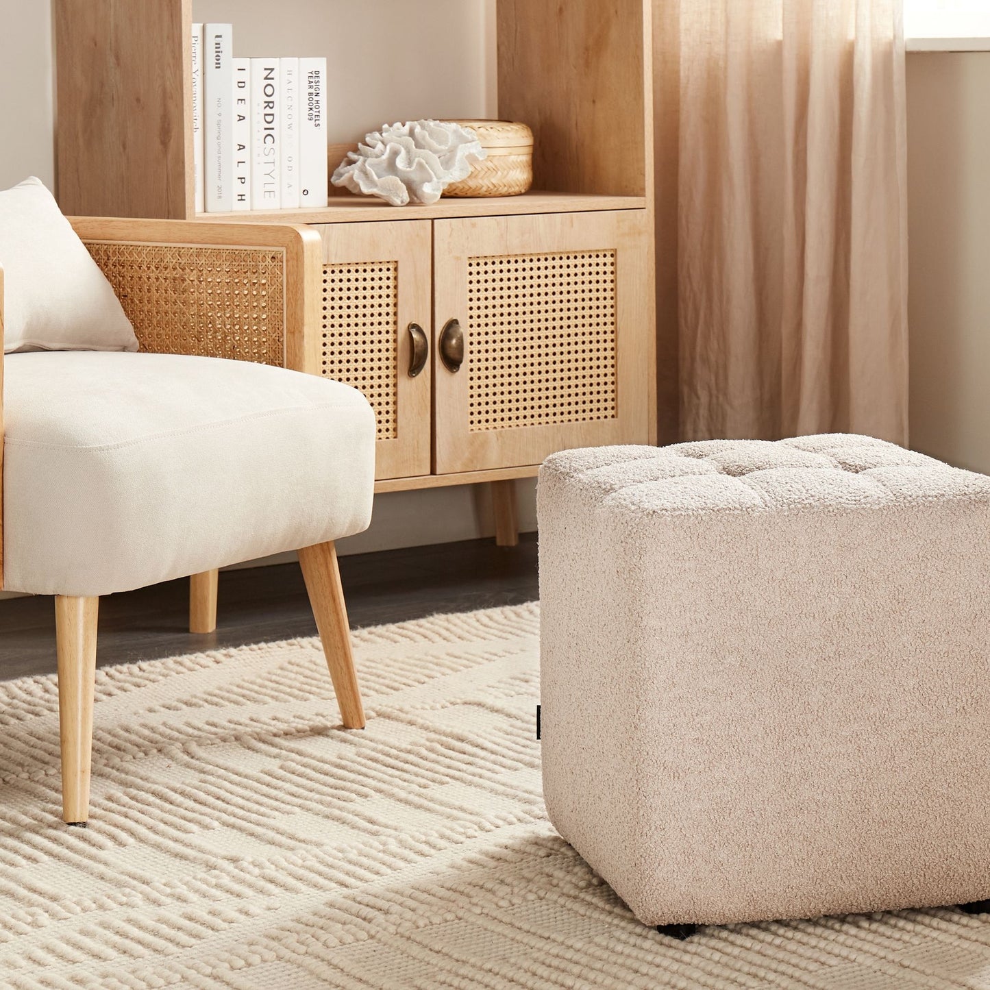 Beige Boucle Footstool 38 x 38cm Square Seat Multifunctional Ottoman For Living Room
