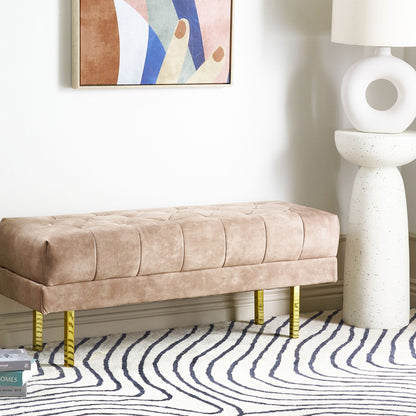 Taupe Velvet Upholstered Bench With Gold Metal Legs, Tufted Bed Stool For Home