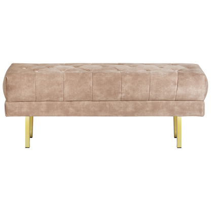 Taupe Velvet Upholstered Bench With Gold Metal Legs, Tufted Bed Stool For Home