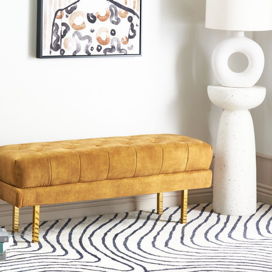 Velvet Yellow Upholstered Bench With Gold Legs