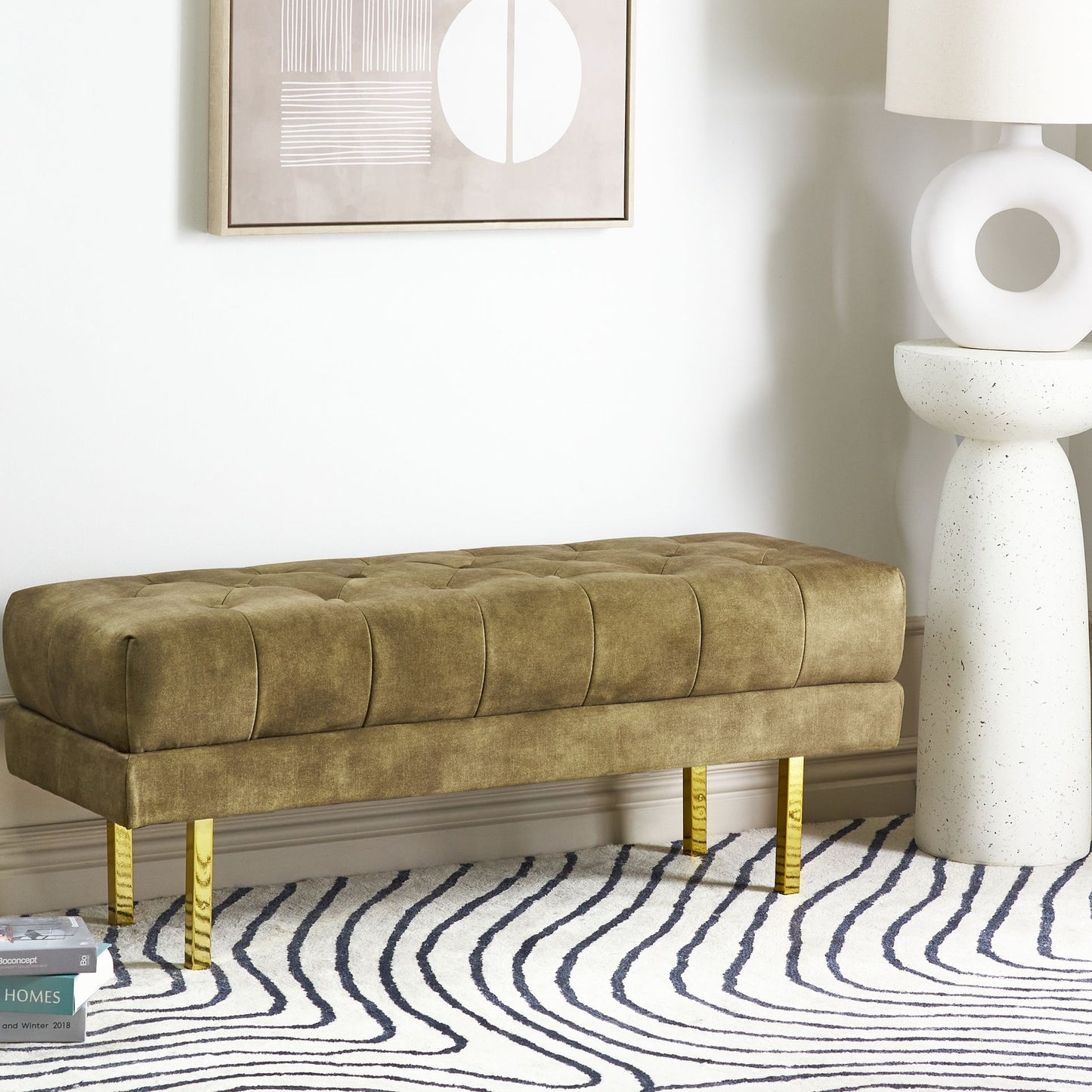 Velvet Olive Green Bench With Gold Metal Legs