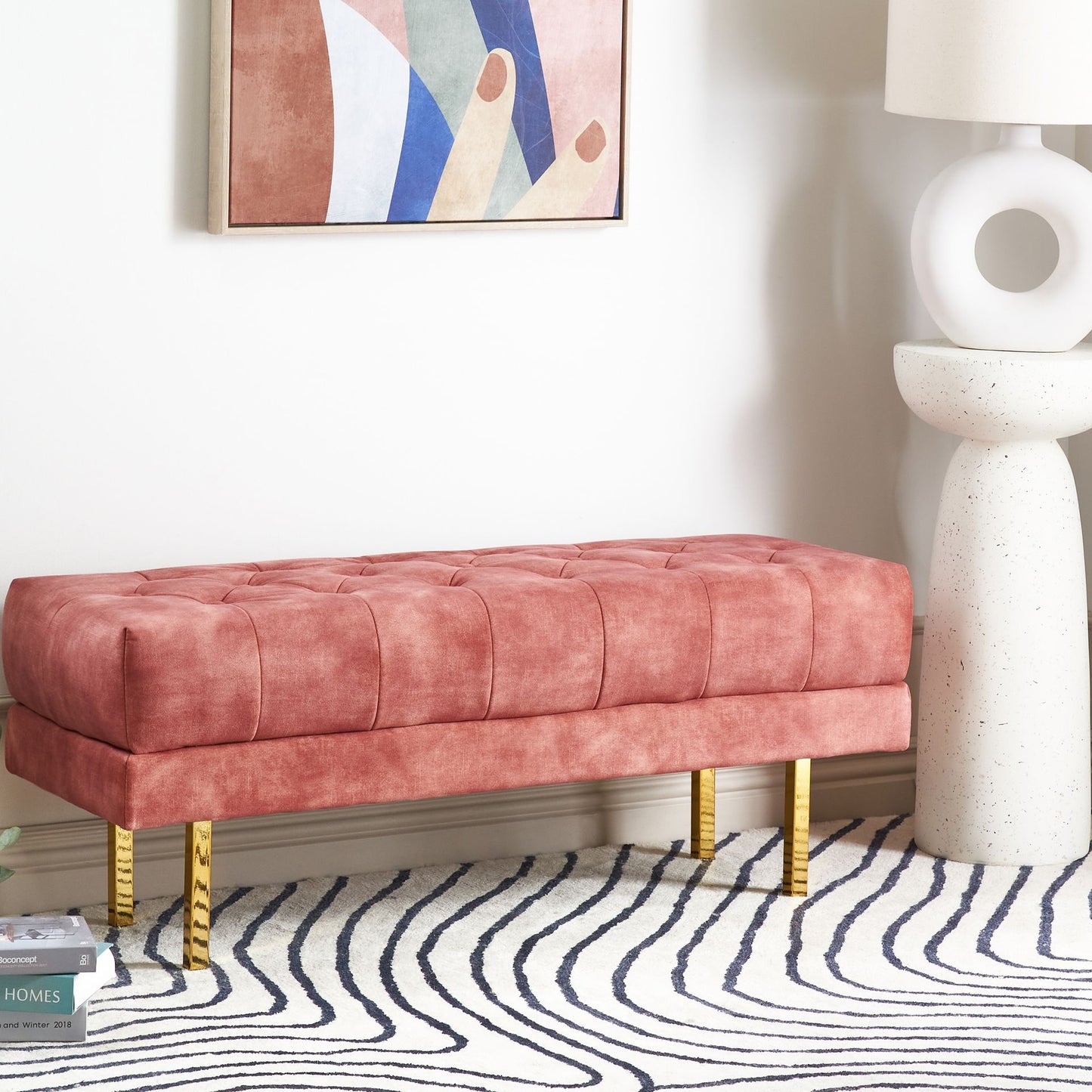 Pink Velvet Tufted Bed Bench With Gold Metal Legs