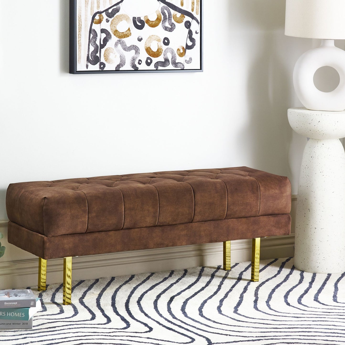 Brown Velvet Bed Bench With Gold Legs
