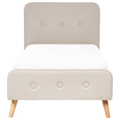 Beige Slatted Bed Frame With Linen Upholstery And Wooden Legs 3ft EU Single Modern Design