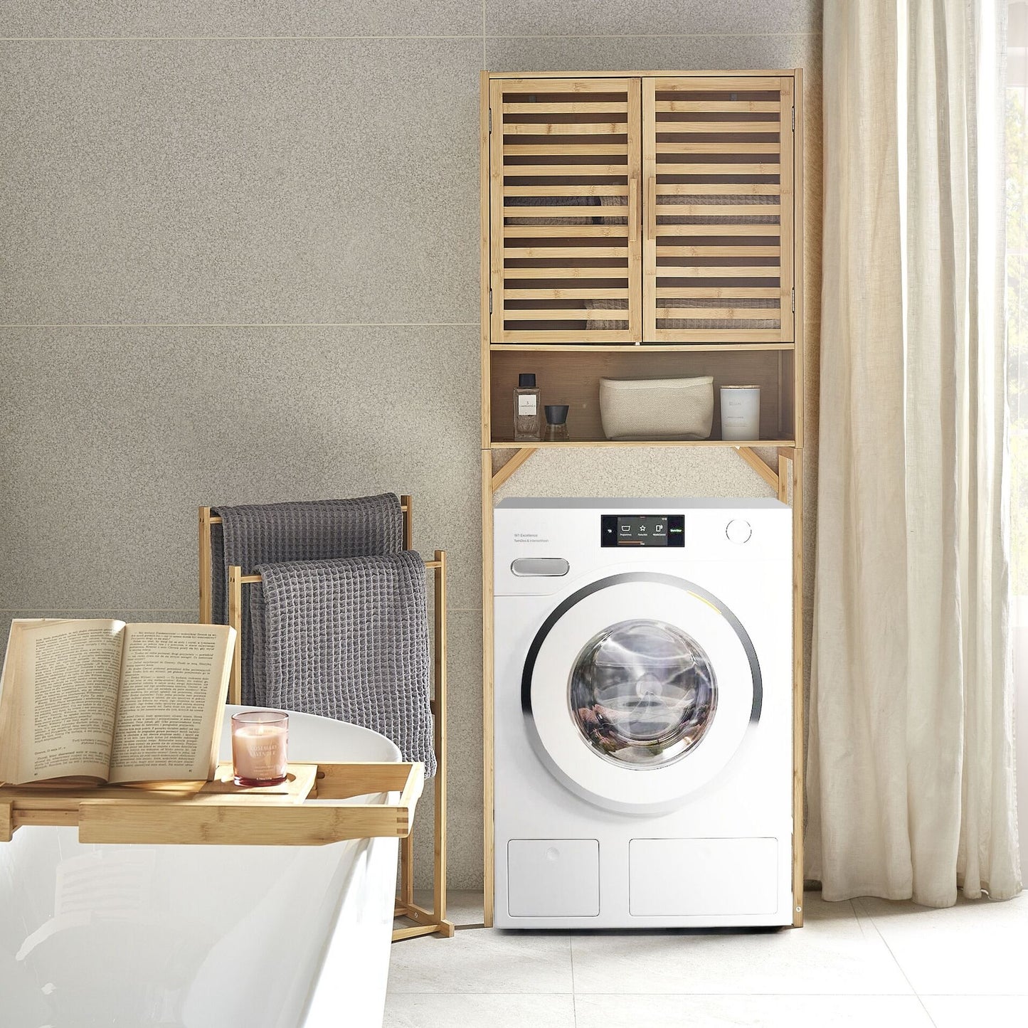 Over The Washer Cabinet Natural Light Brown Bamboo Minimalist Bathroom Storage