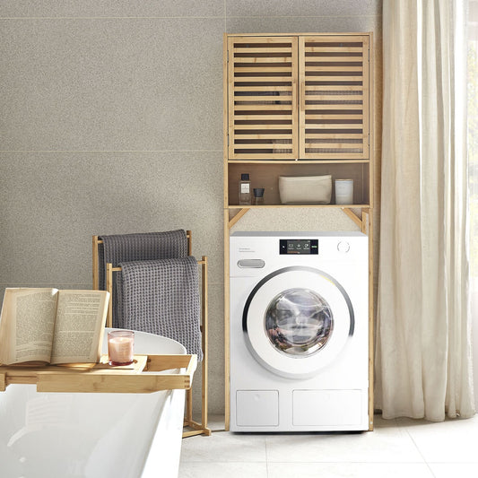 Over The Washer Cabinet Natural Light Brown Bamboo Minimalist Bathroom Storage