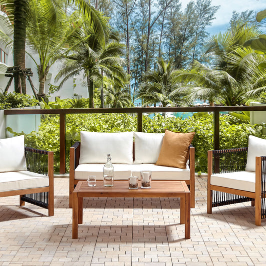 Acacia Garden Sofa Set 4 Seater With Black Rope Accents 2 Armchairs And Coffee Table