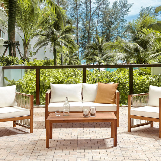 Alfresco Living 4 Seater Garden Sofa Set in Light Brown Acacia With Beige Rope Cushions