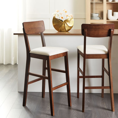 Set of 2 Bar Chairs Light Beige Upholstered Rubberwood