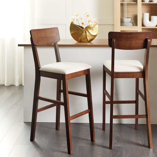 Set of 2 Bar Chairs Light Beige Upholstered Rubberwood