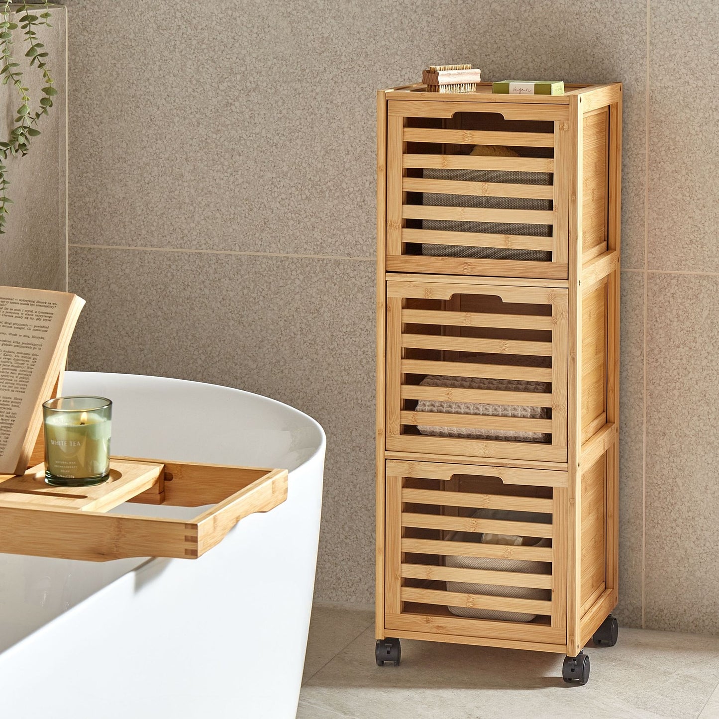 3-Drawer Bathroom Cabinet Light Brown Bamboo With Easy-Roll Rubber Wheels