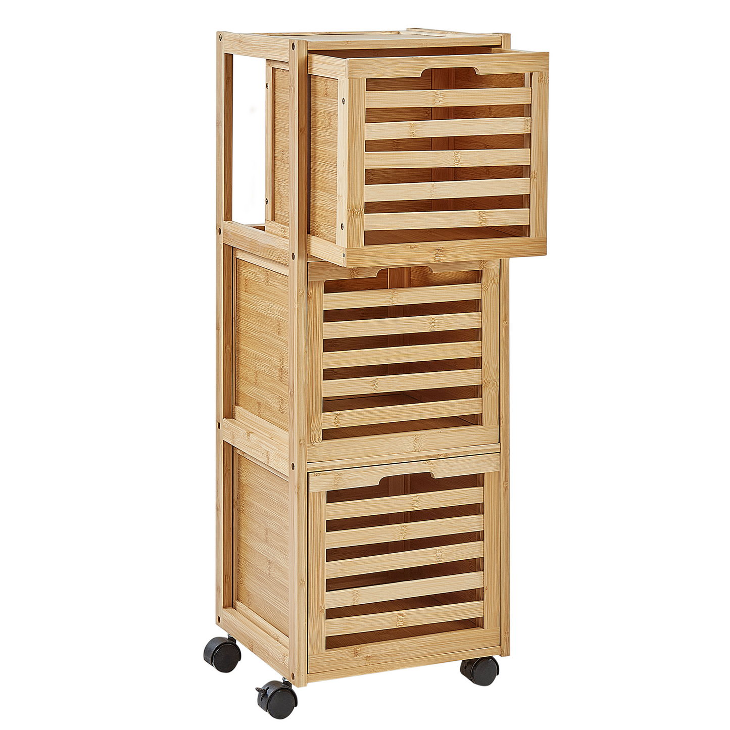 3-Drawer Bathroom Cabinet Light Brown Bamboo With Easy-Roll Rubber Wheels